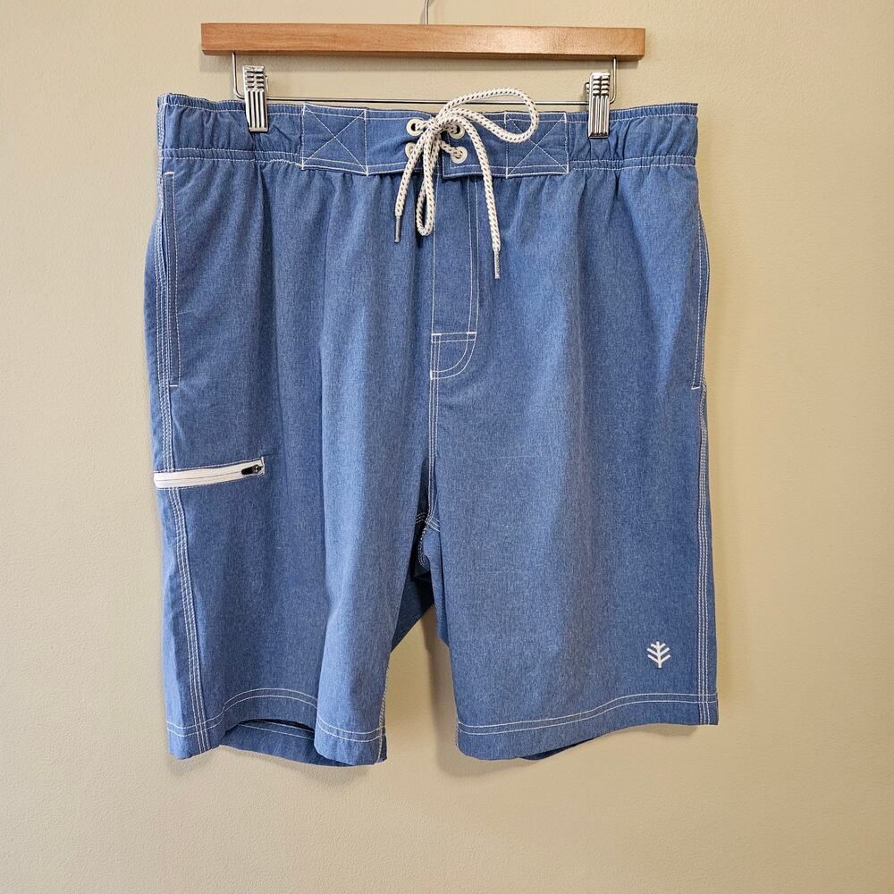 Coolibar Men's Swim Trunks Size M Blue Cargo 9" UPF Lined Zipper Pocket Shorts